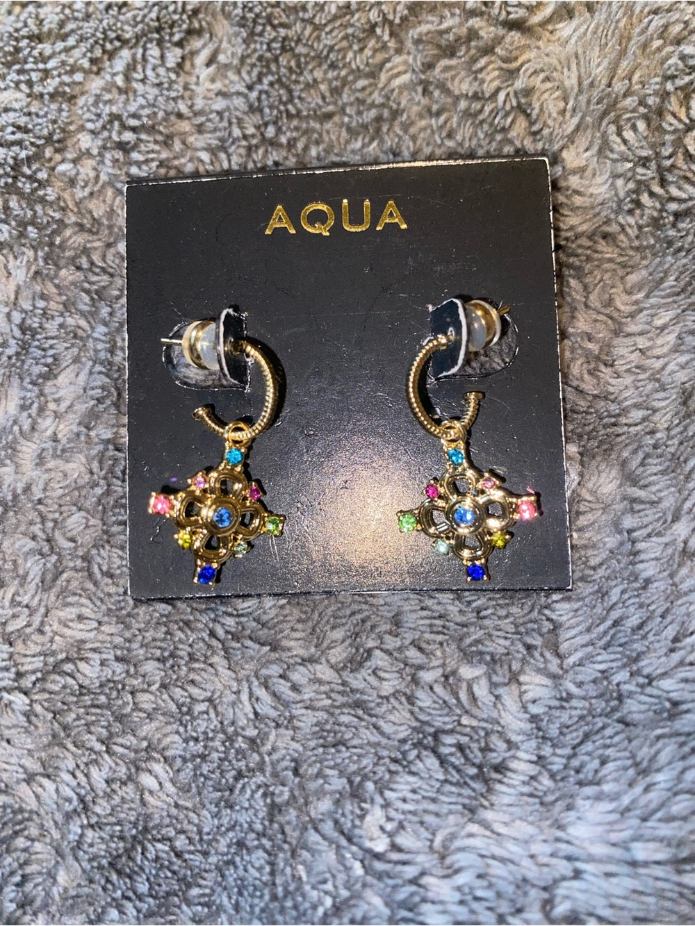AQUA Multicolor Crystal Italy Cross Charm Hoop Earrings in 14K Gold Plated $50